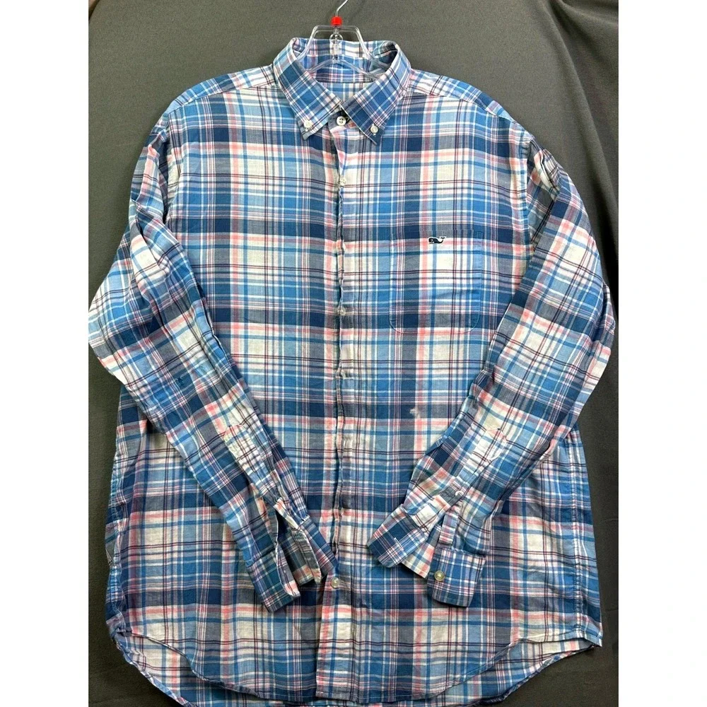 Vineyard Vines Classic Fit Tucker Shirt‎ Men's Large Blue Pink Plaid Cotton L/S